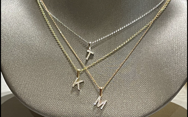 Diamond Letter Pendant and Necklace in Yellow, White, and Rose Gold. Diamond Letter Pendant and Necklace in Yellow, White, and Rose Gold.